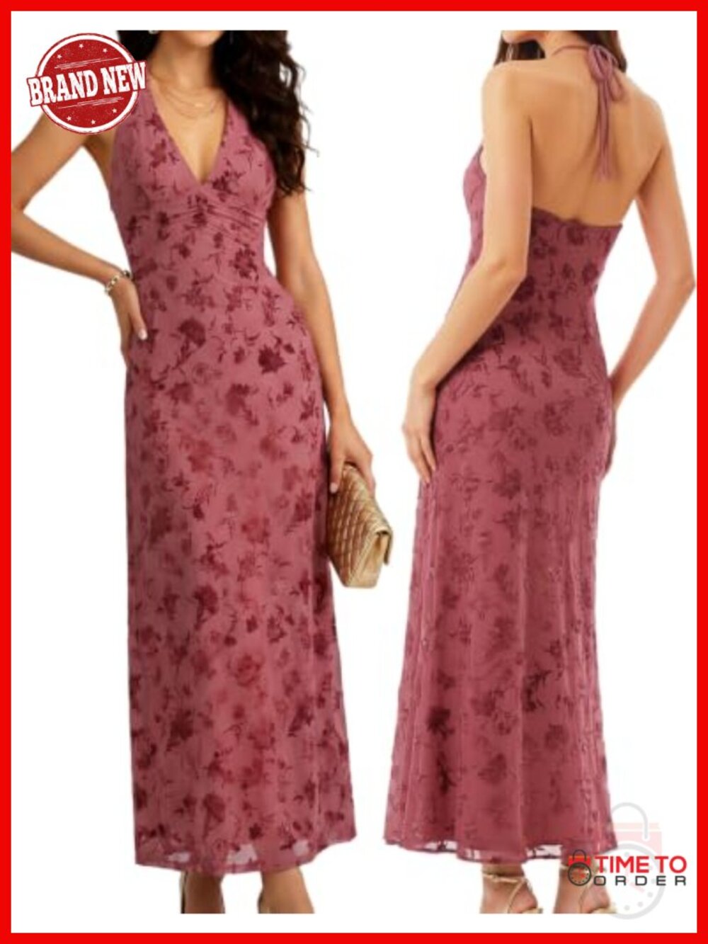 Sleeveless Halter Maxi Dress Backless Floral Mesh Cocktail Party Dress